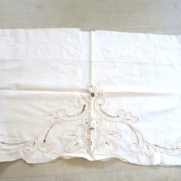 Vintage 90s Battenburg Lace Embroidered Curtain Valance 20" x 60" Beige Cotton - Picture 6 of 14
